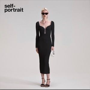 Self-Portrait Black Long-Sleeve Midi Dress with Crystal Trim Detail